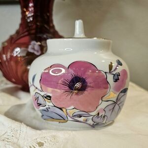 Lomonosov USSR Pink Floral Porcelain Sugar Bowl with Gold Accents
